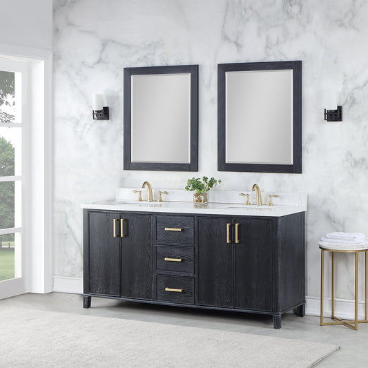 Weiser 72" Double Bathroom Vanity in Black Oak with Carrara White Composite Stone Countertop with Mirror