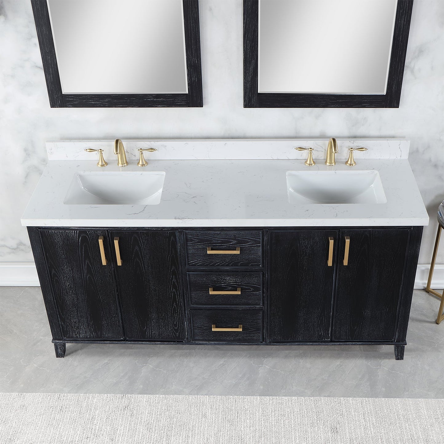 Weiser 72" Double Bathroom Vanity in Black Oak with Aosta White Composite Stone Countertop with Mirror
