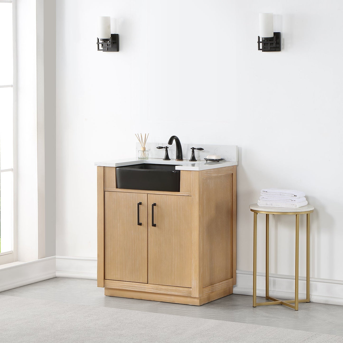 Novago 30" Single Bathroom Vanity in Weathered Pine with Carrara White Composite Stone Countertop and Farmhouse Sink without Mirror