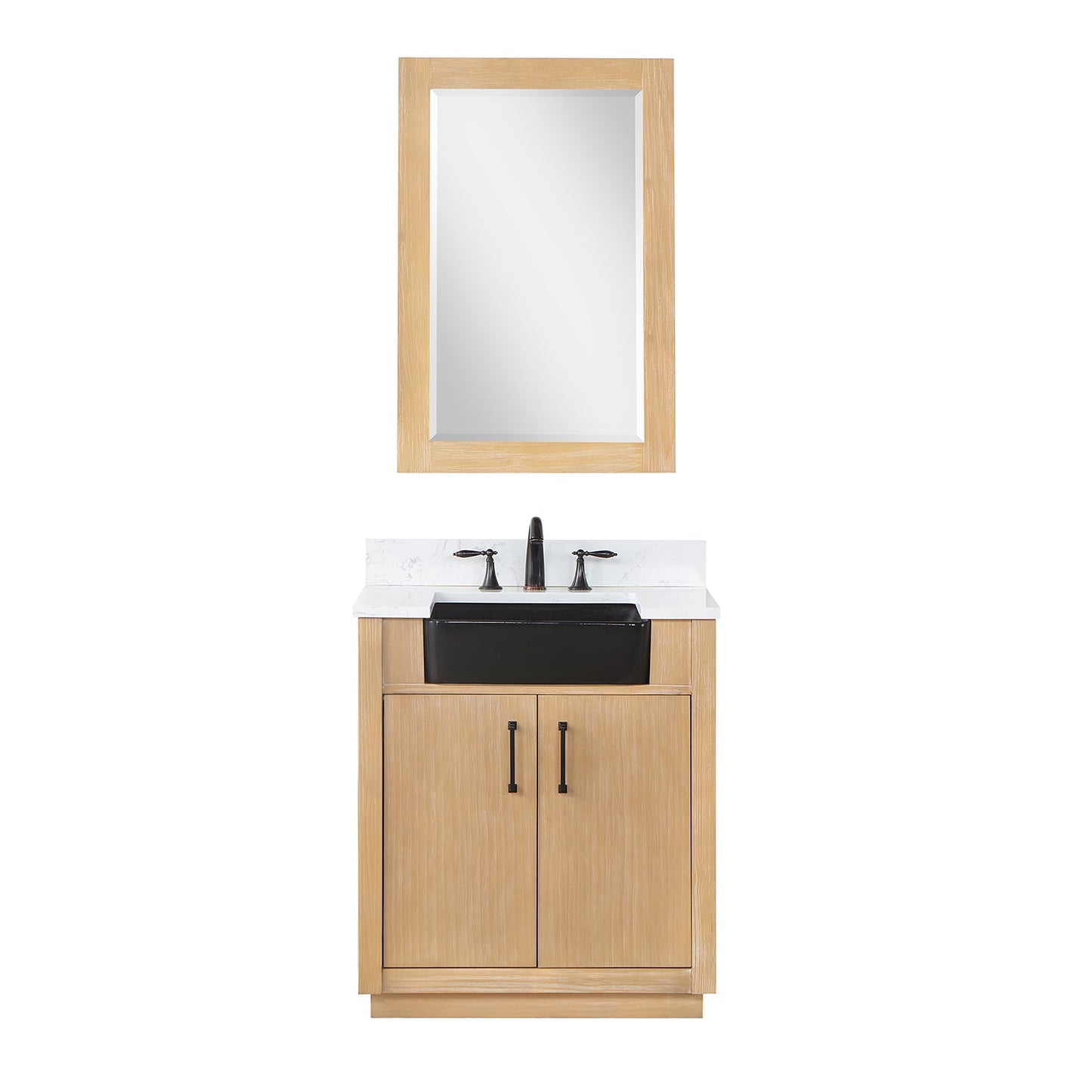 Novago 30" Single Bathroom Vanity in Weathered Pine with Carrara White Composite Stone Countertop and Farmhouse Sink with Mirror