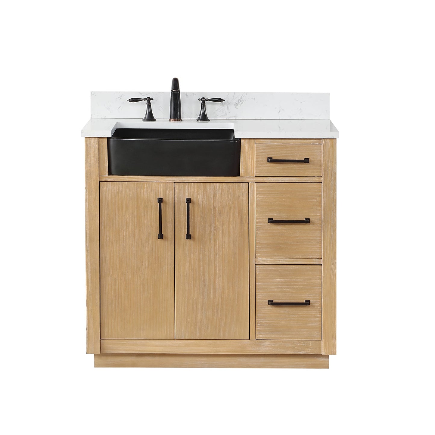 Novago 36" Single Bathroom Vanity in Weathered Pine with Carrara White Composite Stone Countertop and Farmhouse Sink without Mirror