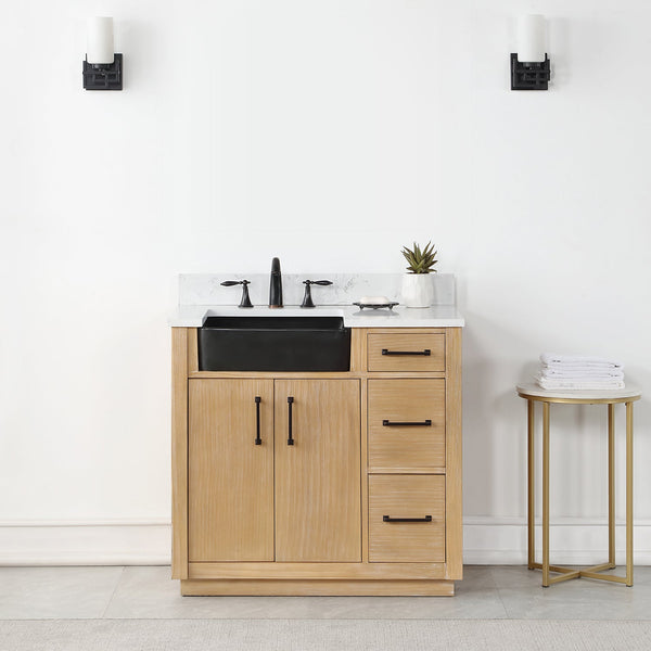 Novago 36 Single Bathroom Vanity in Weathered Pine with Carrara White Composite Stone Countertop and Farmhouse Sink without Mirror