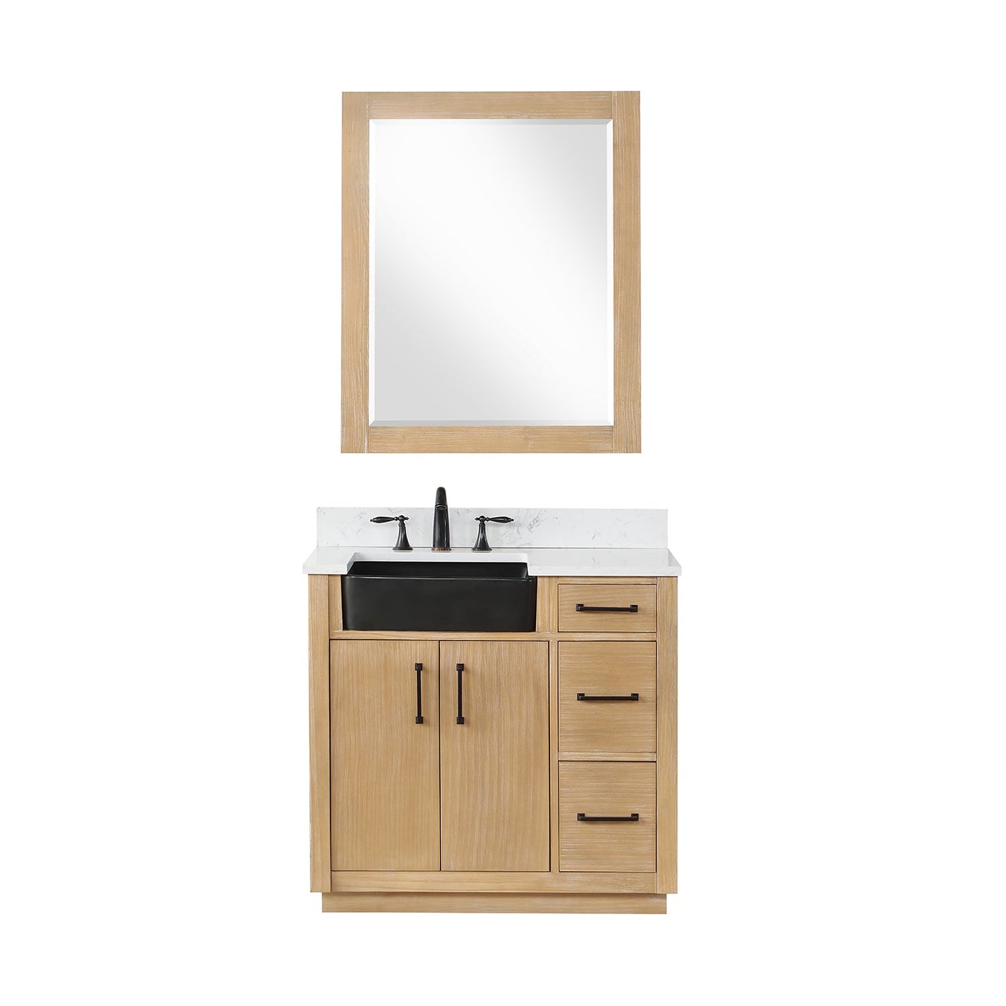 Novago 36" Single Bathroom Vanity in Weathered Pine with Carrara White Composite Stone Countertop and Farmhouse Sink with Mirror