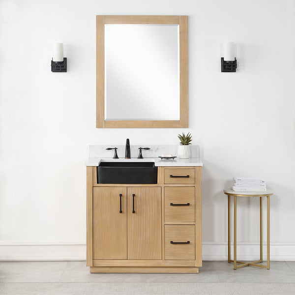 Novago 36 Single Bathroom Vanity in Weathered Pine with Carrara White Composite Stone Countertop and Farmhouse Sink with Mirror