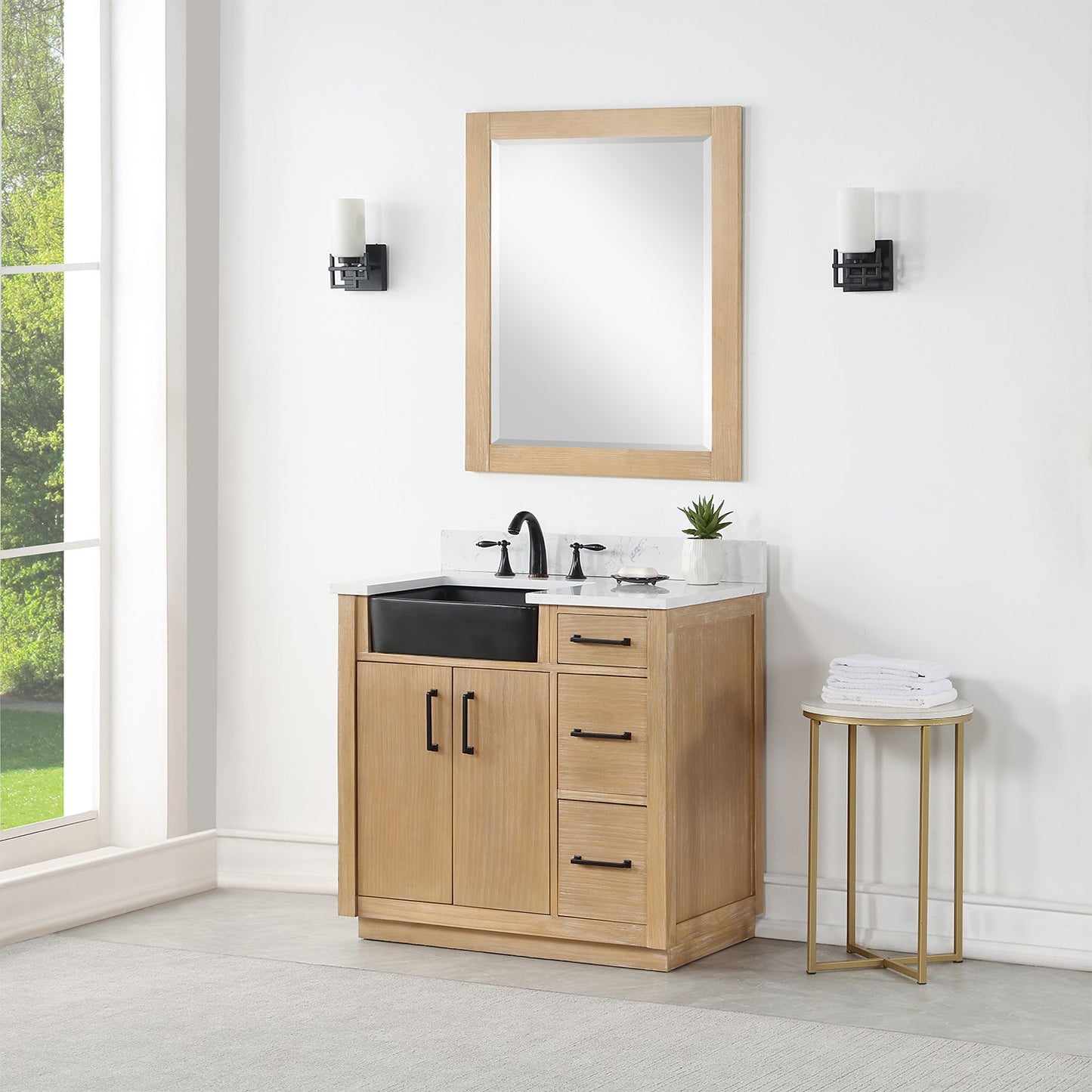 Novago 36" Single Bathroom Vanity in Weathered Pine with Carrara White Composite Stone Countertop and Farmhouse Sink with Mirror