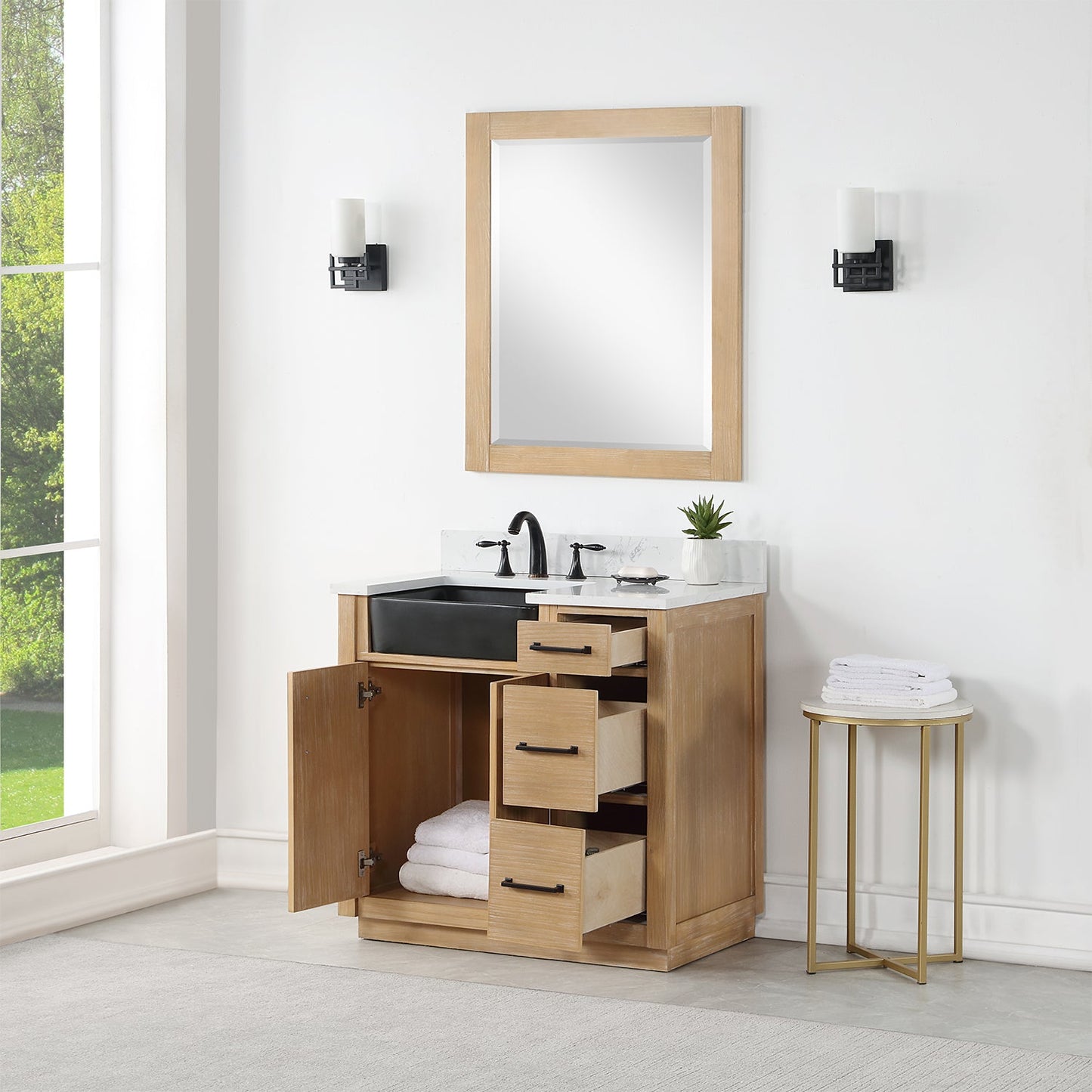 Novago 36" Single Bathroom Vanity in Weathered Pine with Carrara White Composite Stone Countertop and Farmhouse Sink with Mirror