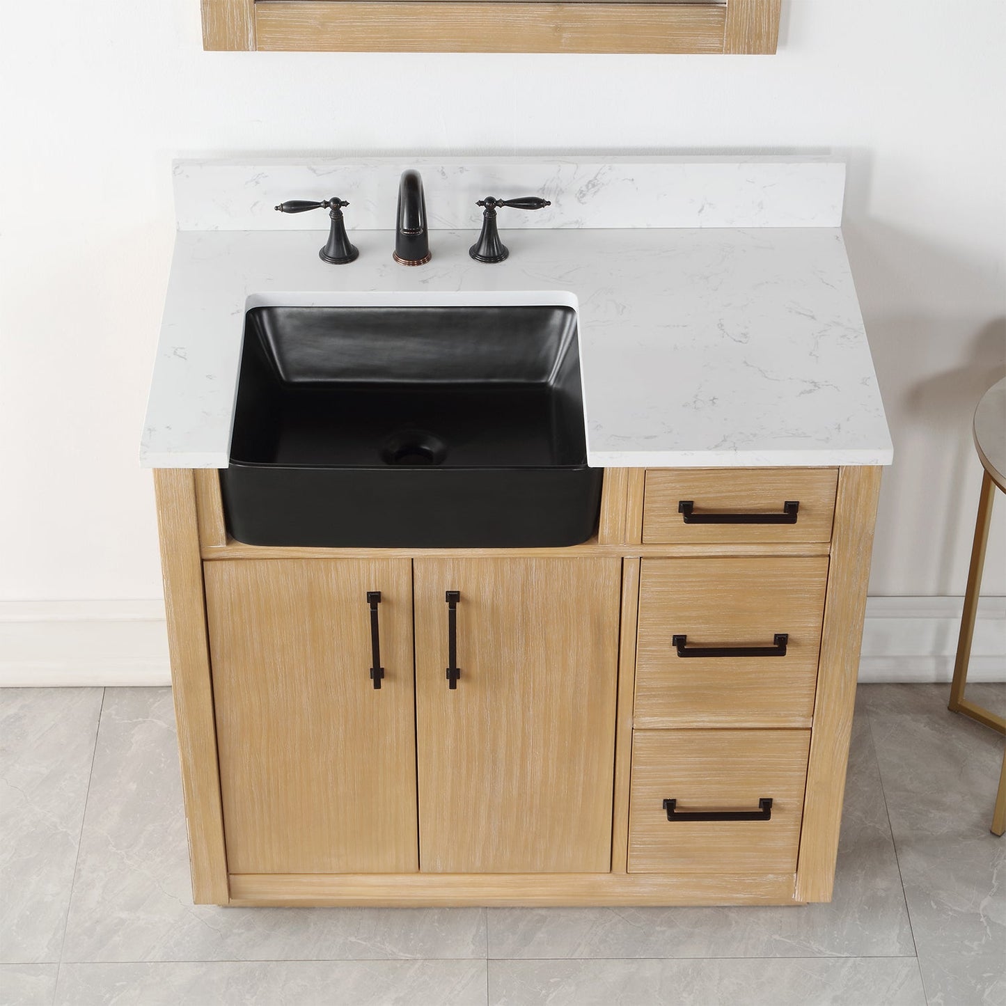 Novago 36" Single Bathroom Vanity in Weathered Pine with Carrara White Composite Stone Countertop and Farmhouse Sink with Mirror