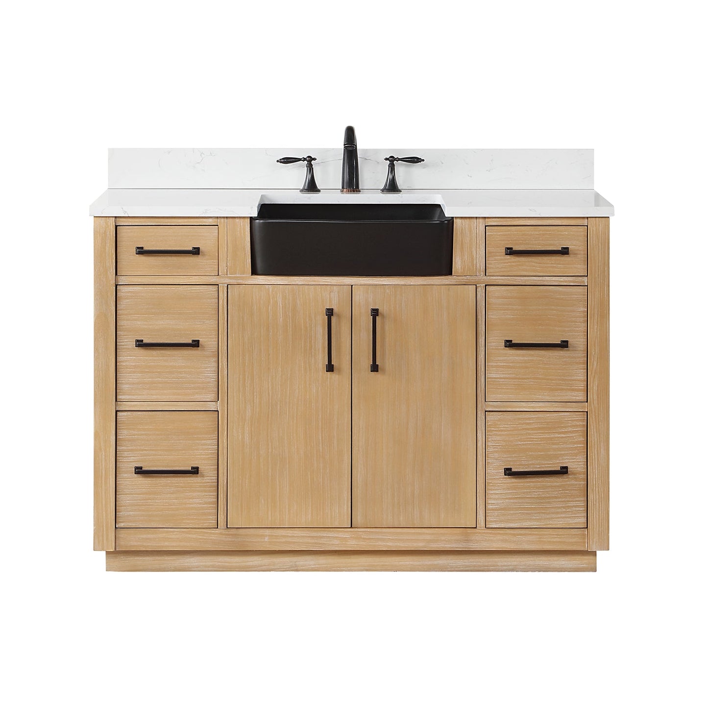 Novago 48" Single Bathroom Vanity in Weathered Pine with Carrara White Composite Stone Countertop and Farmhouse Sink without Mirror
