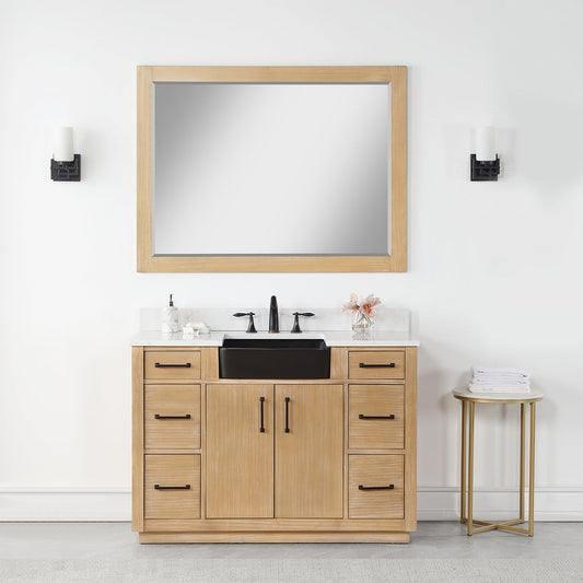 Novago 48" Single Bathroom Vanity in Weathered Pine with Carrara White Composite Stone Countertop and Farmhouse Sink with Mirror