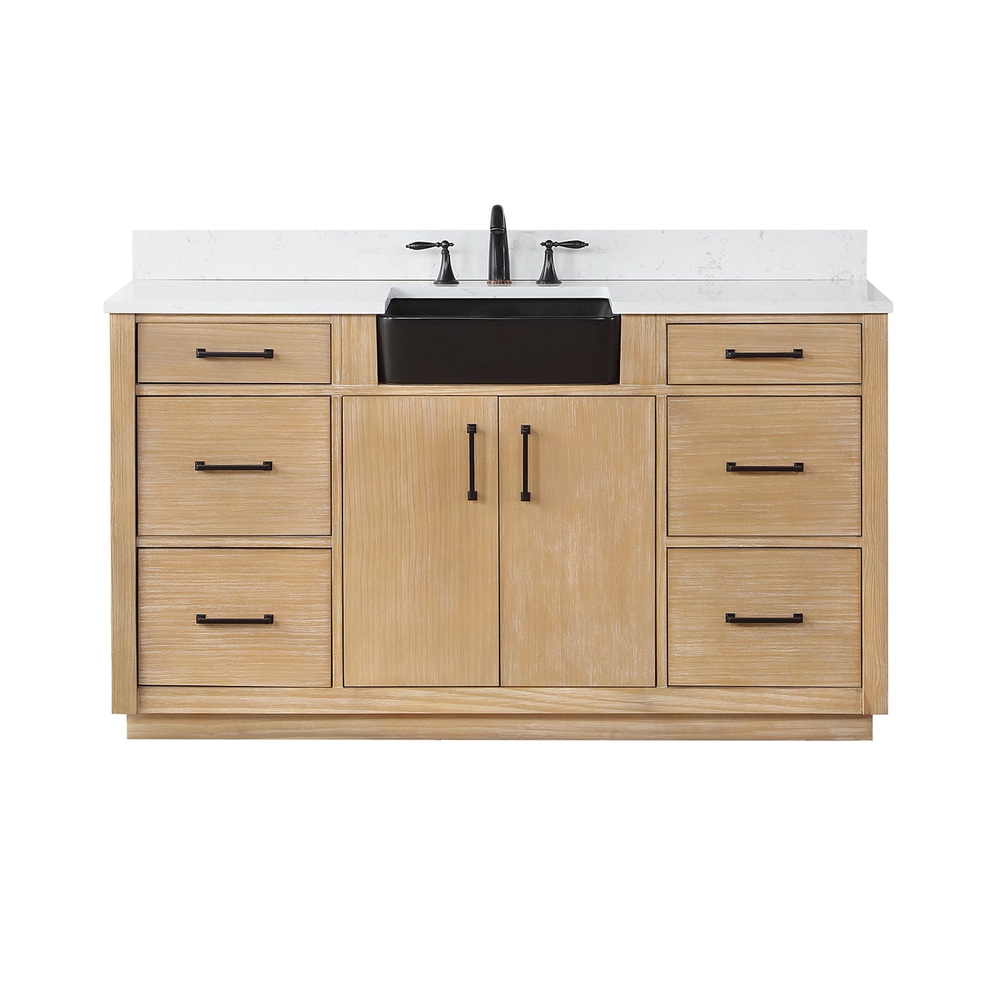 Novago 60" Single Bathroom Vanity in Weathered Pine with Carrara White Composite Stone Countertop and Farmhouse Sink without Mirror
