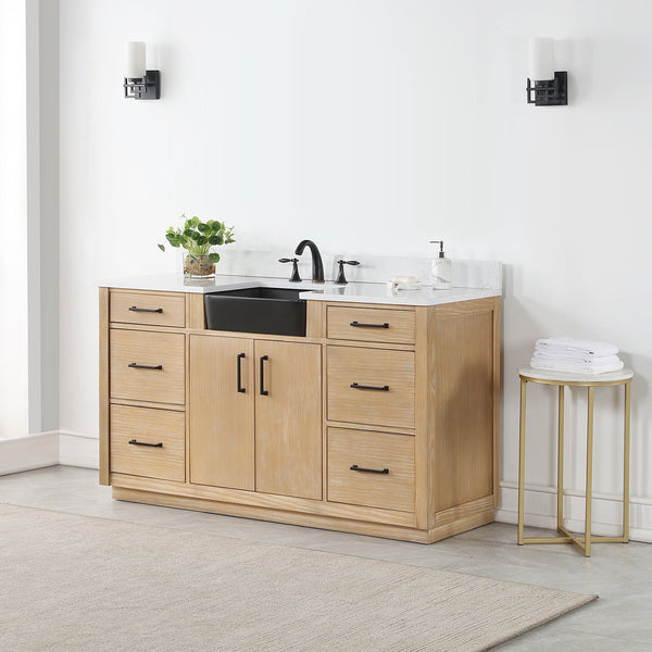 Novago 60 Single Bathroom Vanity in Weathered Pine with Carrara White Composite Stone Countertop and Farmhouse Sink without Mirror