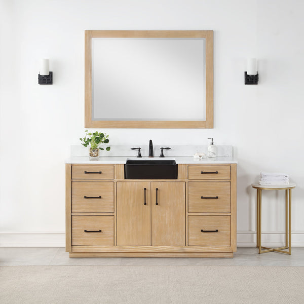 Novago 60 Single Bathroom Vanity in Weathered Pine with Carrara White Composite Stone Countertop and Farmhouse Sink with Mirror
