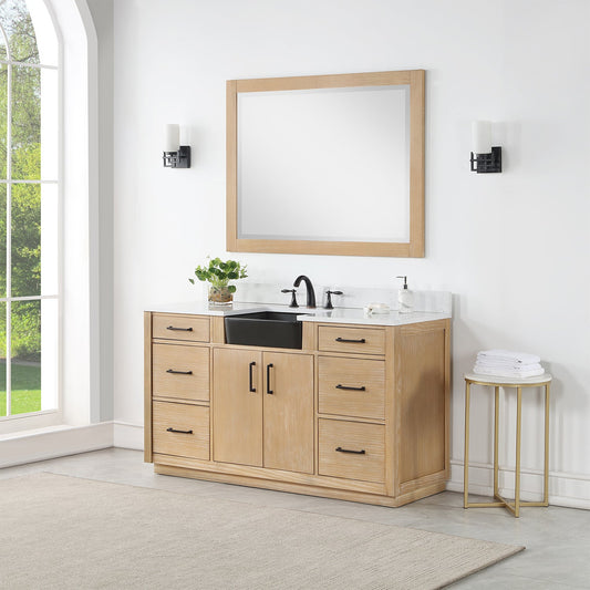Novago 60" Single Bathroom Vanity in Weathered Pine with Carrara White Composite Stone Countertop and Farmhouse Sink with Mirror