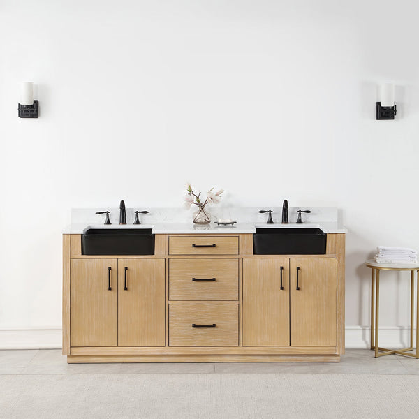 Novago 72 Double Bathroom Vanity in Weathered Pine with Carrara White Composite Stone Countertop and Farmhouse Sink without Mirror