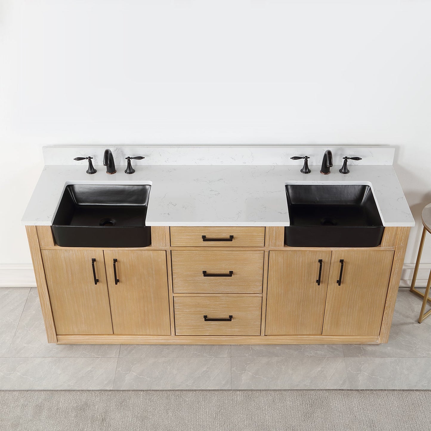 Novago 72" Double Bathroom Vanity in Weathered Pine with Carrara White Composite Stone Countertop and Farmhouse Sink without Mirror