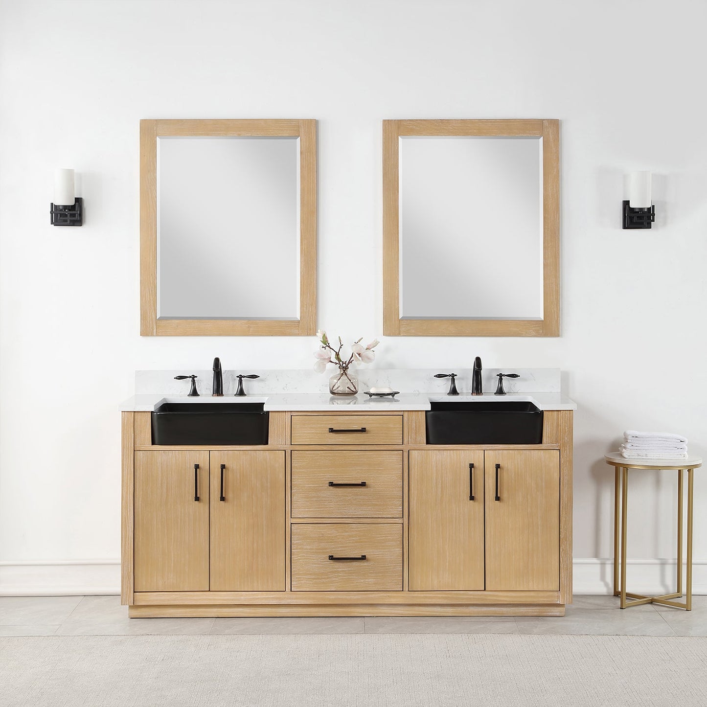 Novago 72" Double Bathroom Vanity in Weathered Pine with Carrara White Composite Stone Countertop and Farmhouse Sink with Mirror