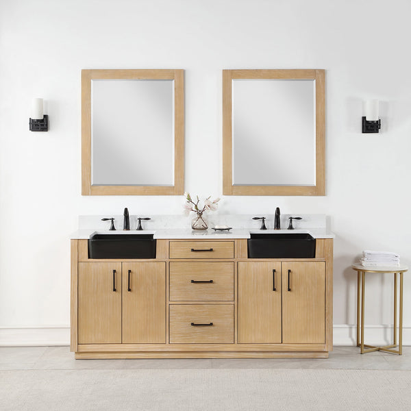 Novago 72 Double Bathroom Vanity in Weathered Pine with Carrara White Composite Stone Countertop and Farmhouse Sink with Mirror