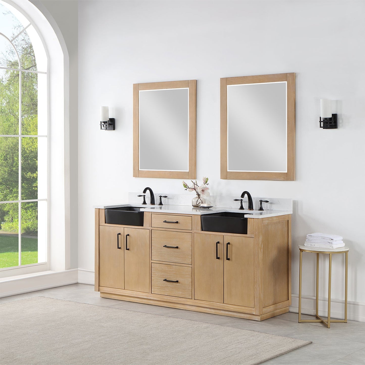 Novago 72" Double Bathroom Vanity in Weathered Pine with Carrara White Composite Stone Countertop and Farmhouse Sink with Mirror