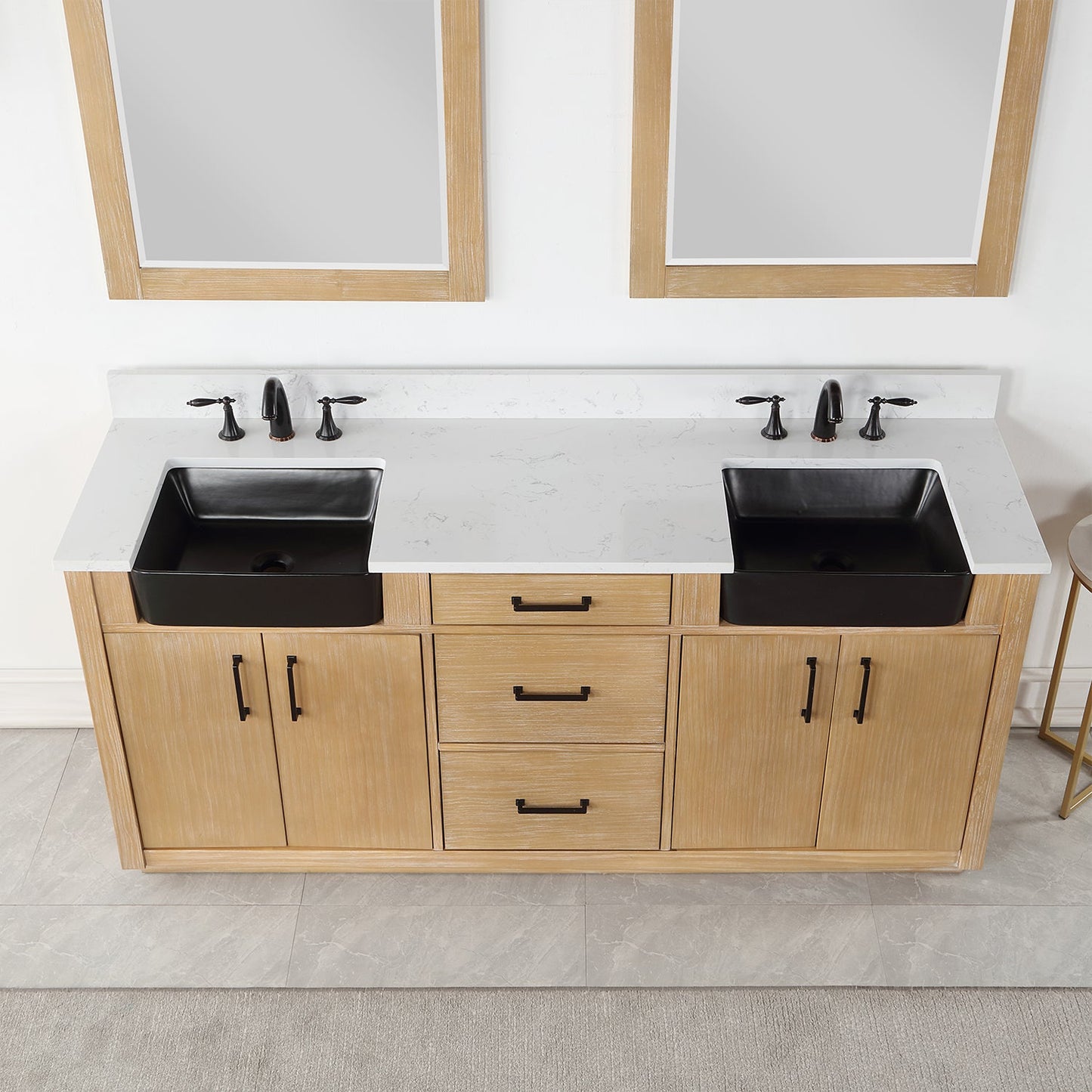 Novago 72" Double Bathroom Vanity in Weathered Pine with Carrara White Composite Stone Countertop and Farmhouse Sink with Mirror