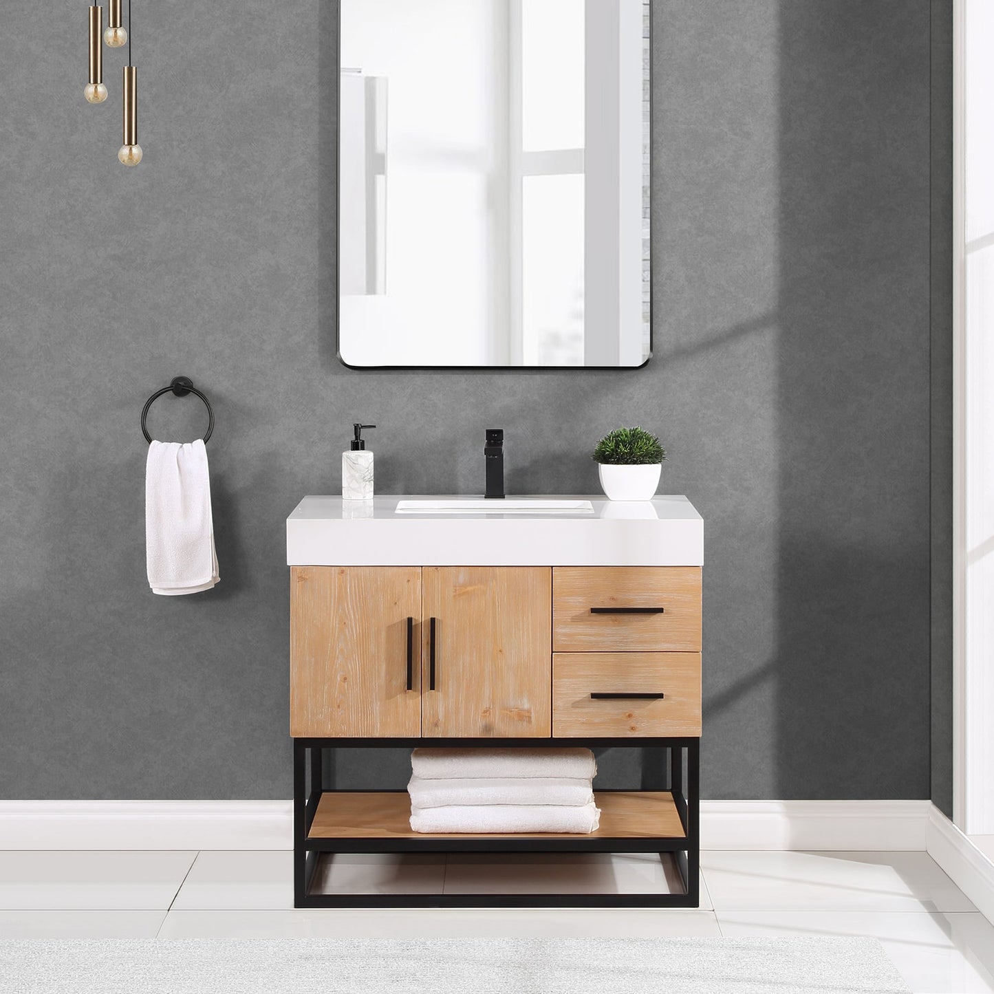 Bianco 36" Single Bathroom Vanity in Light Brown with Matte Black Support Base and White Composite Stone Countertop without Mirror