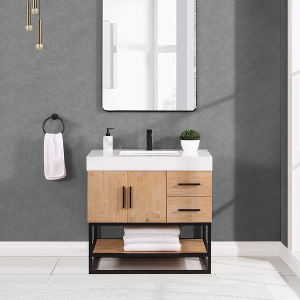 Bianco 36 Single Bathroom Vanity in Light Brown with Matte Black Support Base and White Composite Stone Countertop without Mirror