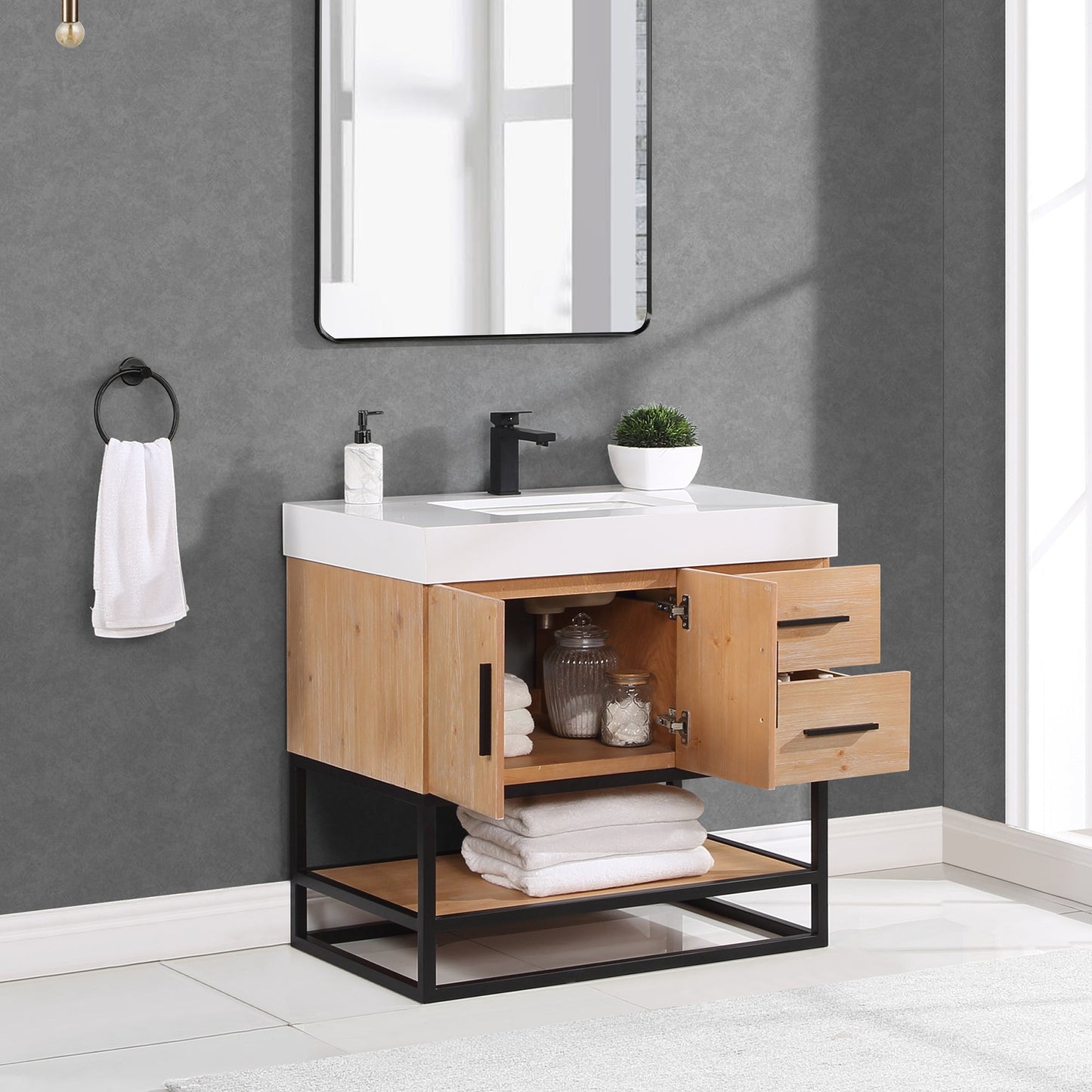 Bianco 36" Single Bathroom Vanity in Light Brown with Matte Black Support Base and White Composite Stone Countertop without Mirror