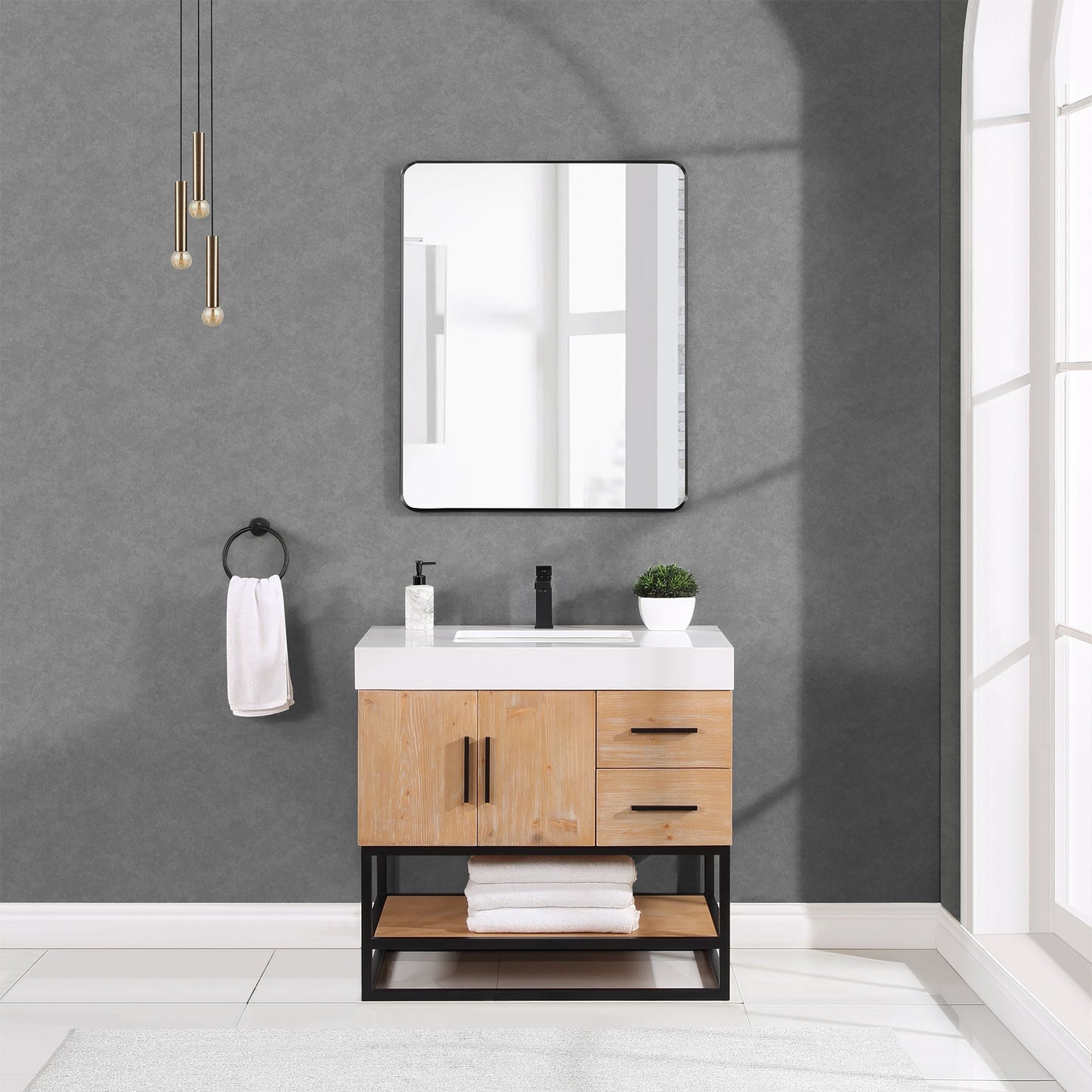 Bianco 36" Single Bathroom Vanity in Light Brown with Matte Black Support Base and White Composite Stone Countertop with Mirror