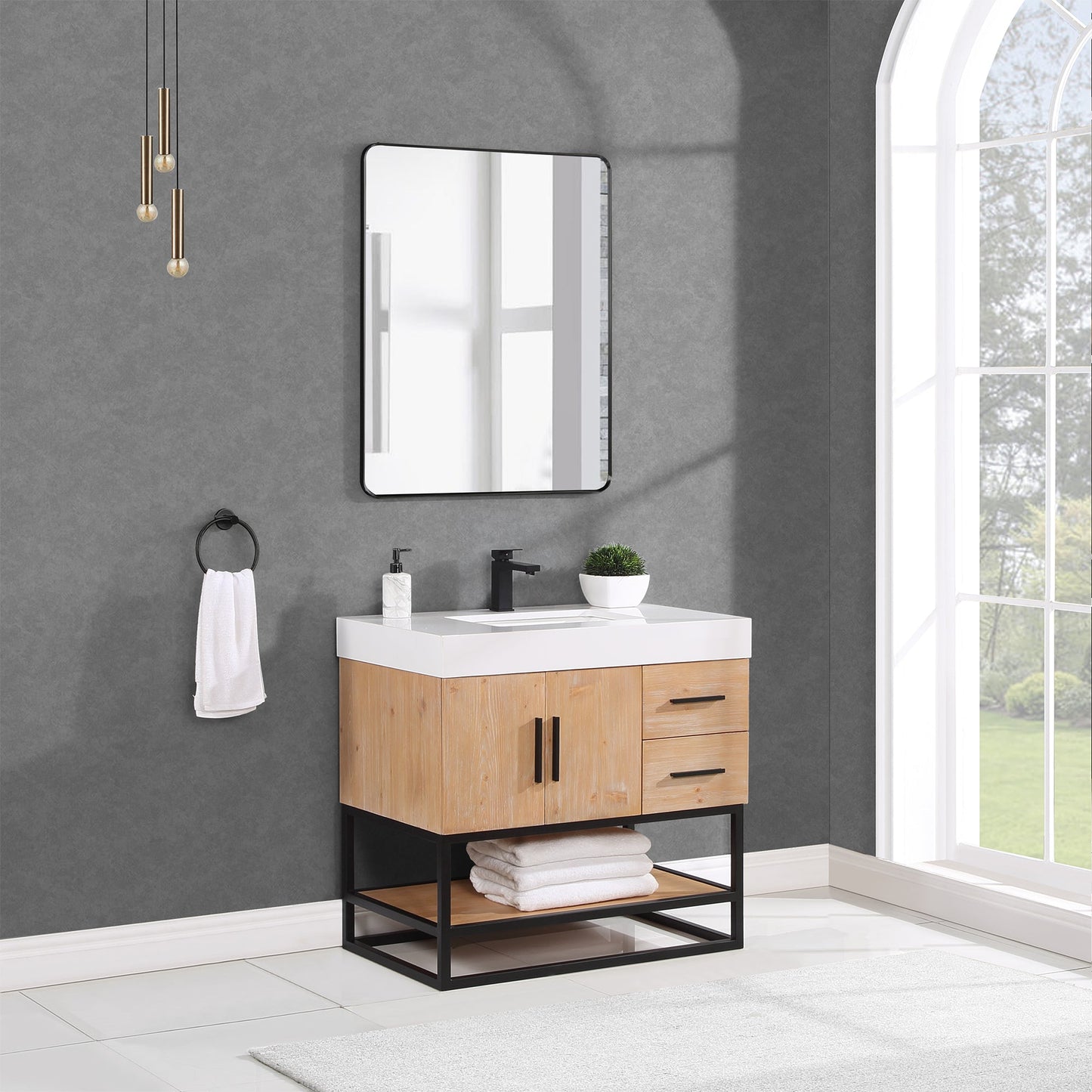 Bianco 36" Single Bathroom Vanity in Light Brown with Matte Black Support Base and White Composite Stone Countertop with Mirror