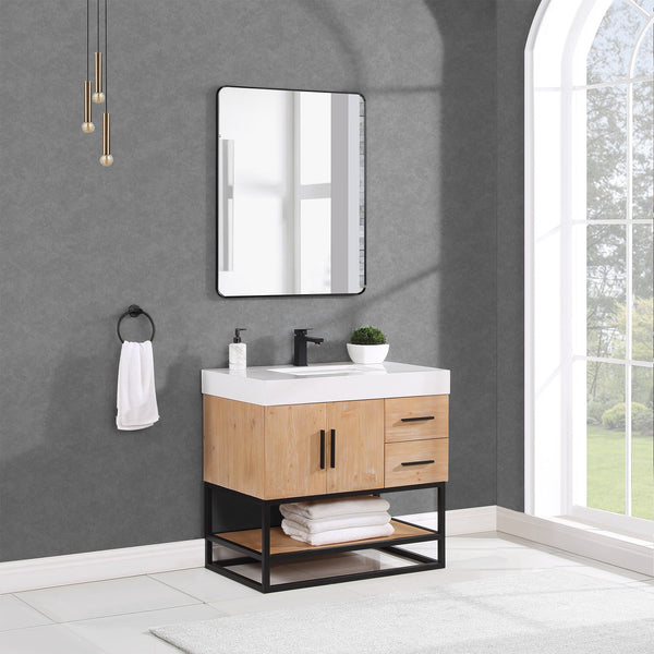 Bianco 36 Single Bathroom Vanity in Light Brown with Matte Black Support Base and White Composite Stone Countertop with Mirror