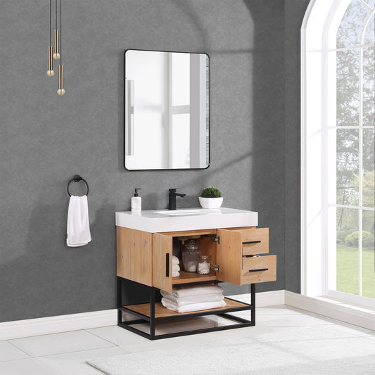 Bianco 36" Single Bathroom Vanity in Light Brown with Matte Black Support Base and White Composite Stone Countertop with Mirror