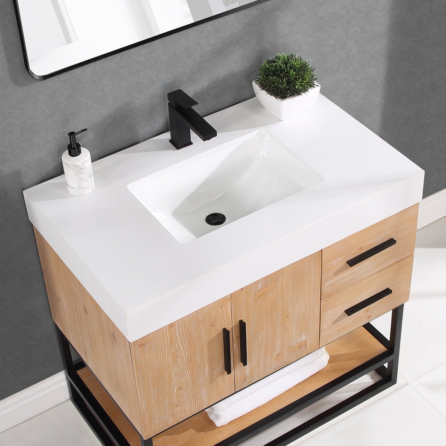 Bianco 36" Single Bathroom Vanity in Light Brown with Matte Black Support Base and White Composite Stone Countertop with Mirror