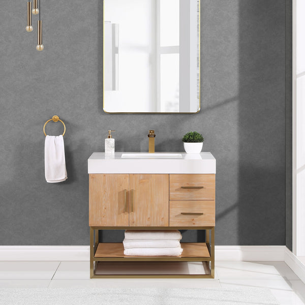 Bianco 36 Single Bathroom Vanity in Light Brown with Brushed Gold Support Base and White Composite Stone Countertop without Mirror