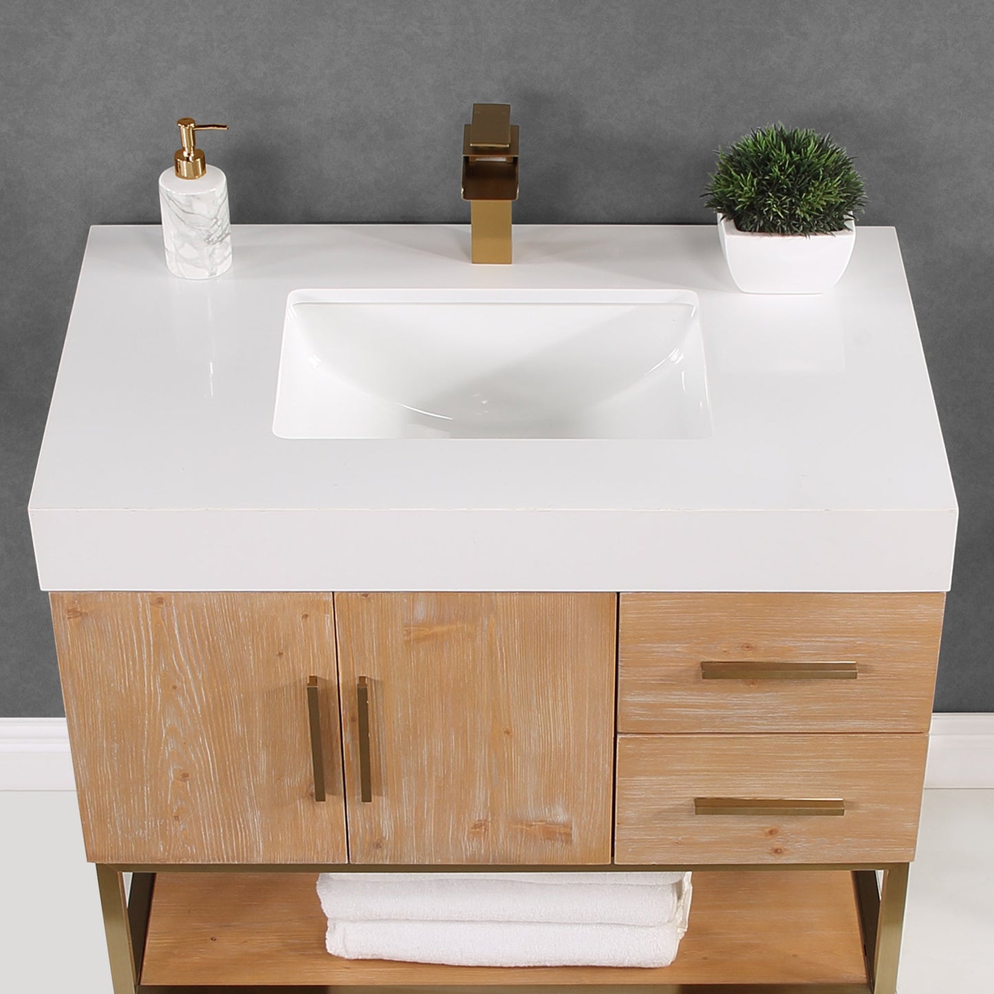 Bianco 36" Single Bathroom Vanity in Light Brown with Brushed Gold Support Base and White Composite Stone Countertop without Mirror