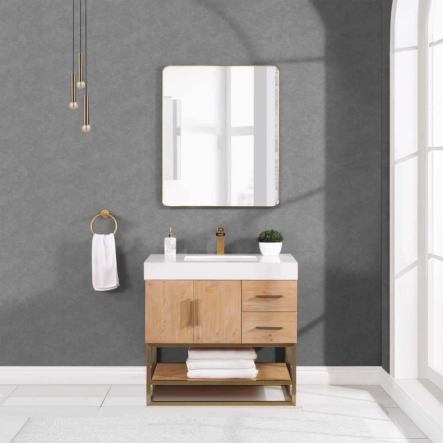 Bianco 36" Single Bathroom Vanity in Light Brown with Brushed Gold Support Base and White Composite Stone Countertop with Mirror