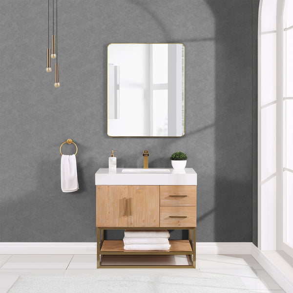 Bianco 36 Single Bathroom Vanity in Light Brown with Brushed Gold Support Base and White Composite Stone Countertop with Mirror
