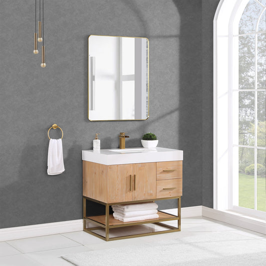 Bianco 36" Single Bathroom Vanity in Light Brown with Brushed Gold Support Base and White Composite Stone Countertop with Mirror