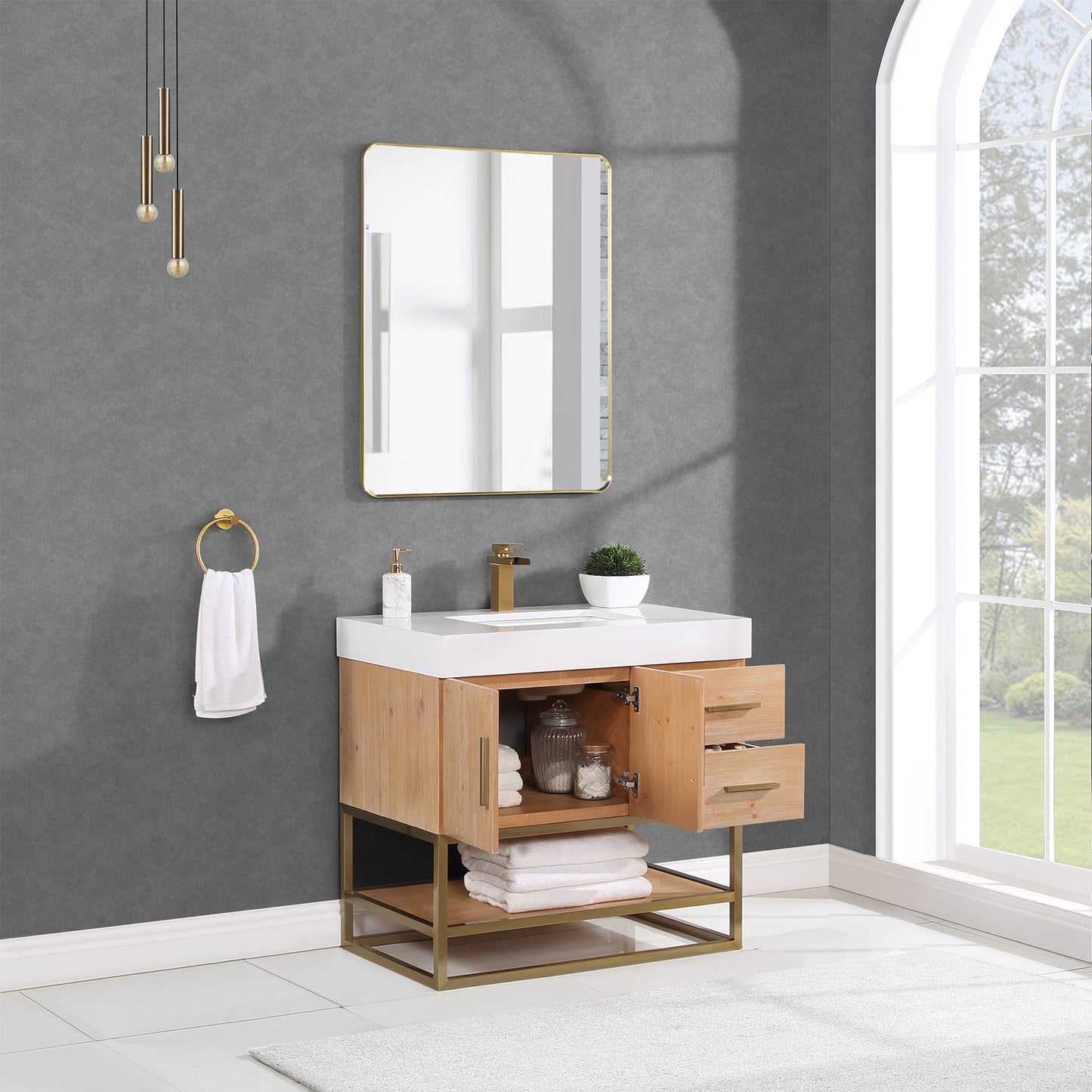 Bianco 36" Single Bathroom Vanity in Light Brown with Brushed Gold Support Base and White Composite Stone Countertop with Mirror