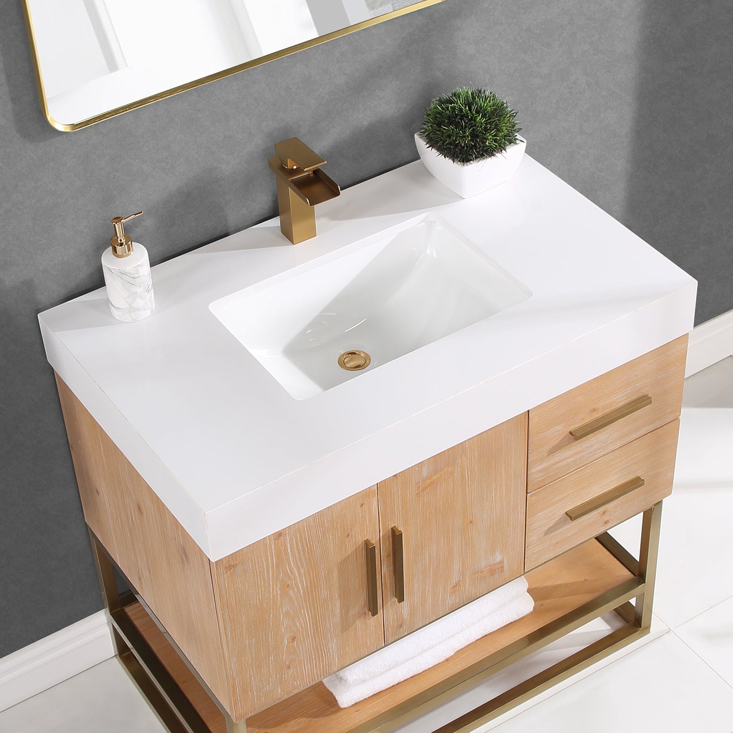 Bianco 36" Single Bathroom Vanity in Light Brown with Brushed Gold Support Base and White Composite Stone Countertop with Mirror