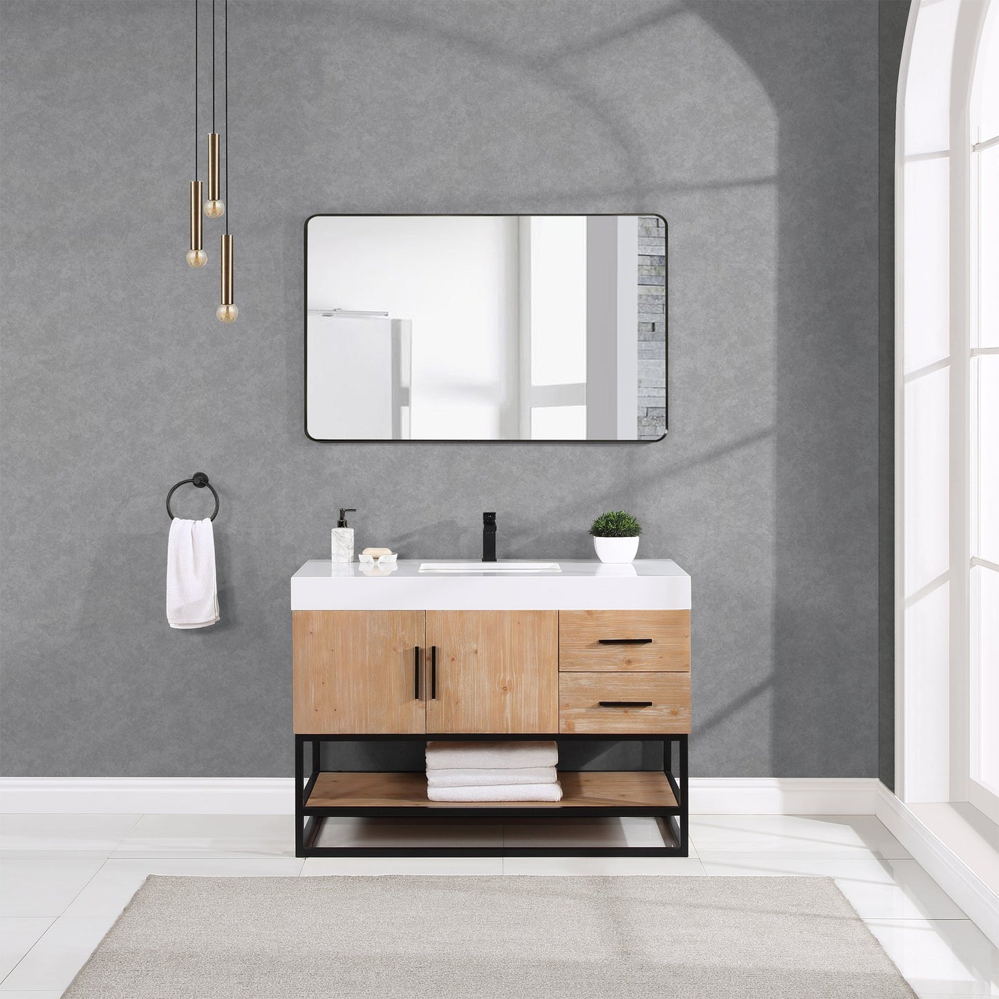 Bianco 48" Single Bathroom Vanity in Light Brown with Matte Black Support Base and White Composite Stone Countertop without Mirror