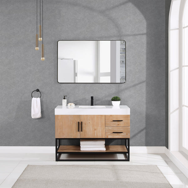 Bianco 48 Single Bathroom Vanity in Light Brown with Matte Black Support Base and White Composite Stone Countertop without Mirror