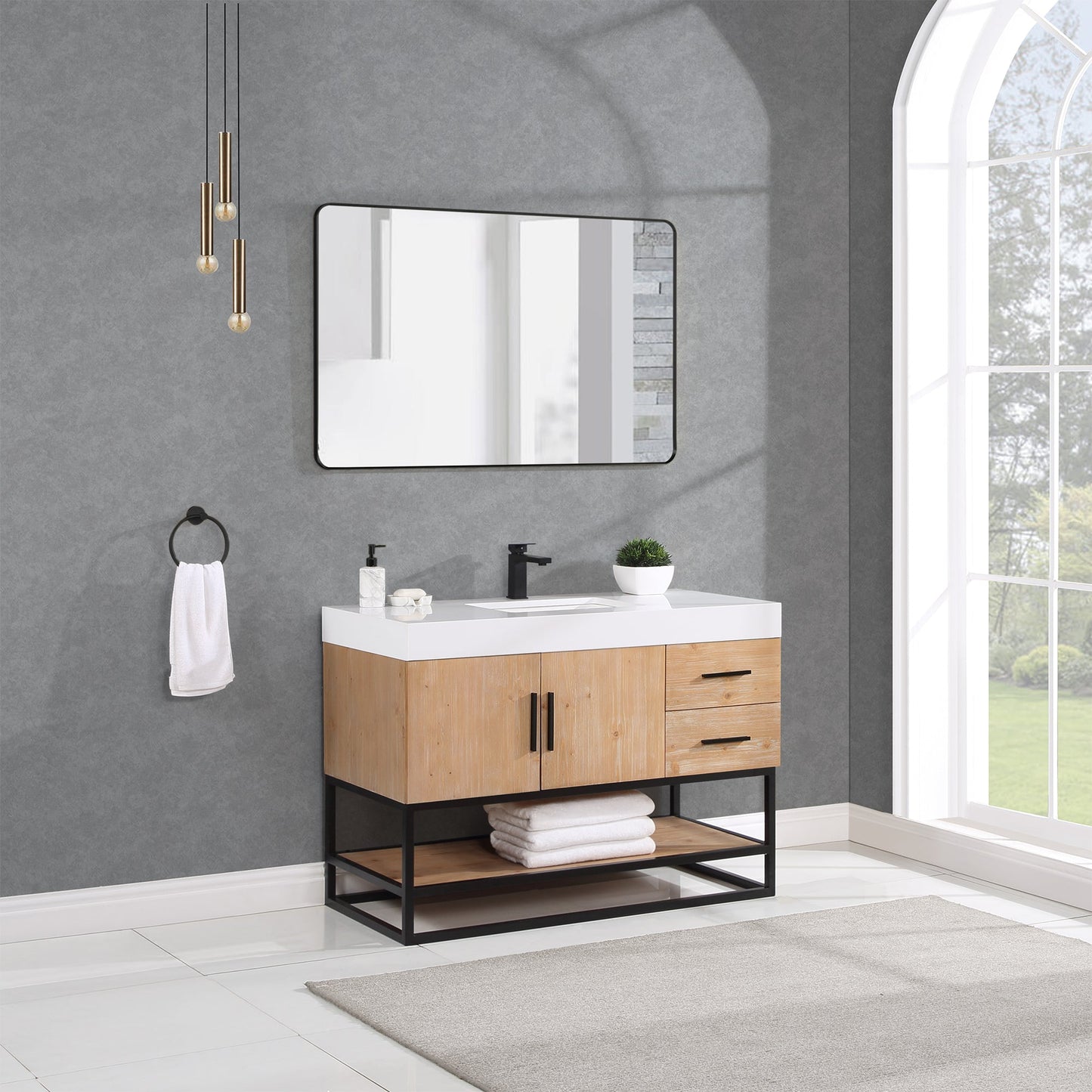 Bianco 48" Single Bathroom Vanity in Light Brown with Matte Black Support Base and White Composite Stone Countertop without Mirror