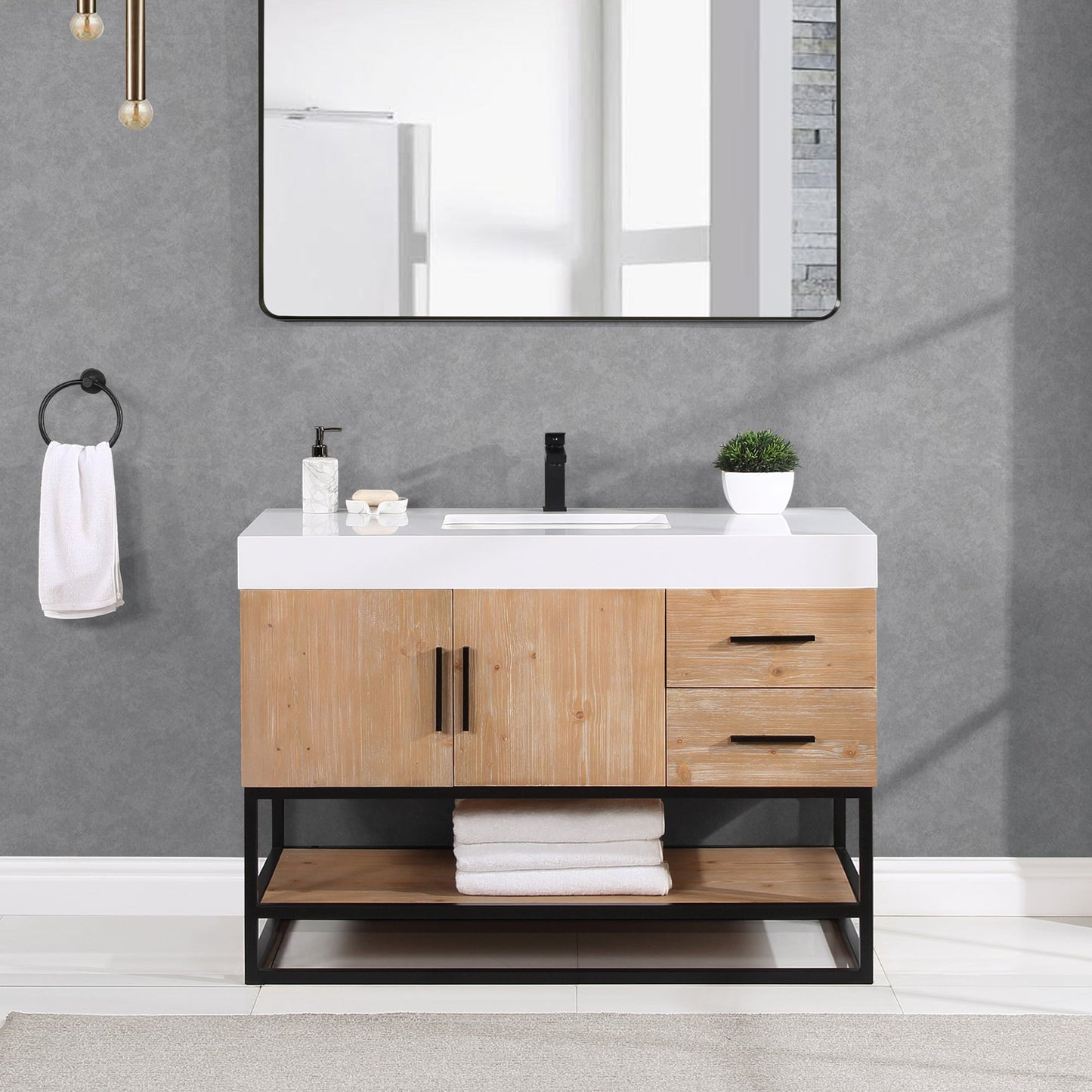 Bianco 48" Single Bathroom Vanity in Light Brown with Matte Black Support Base and White Composite Stone Countertop without Mirror