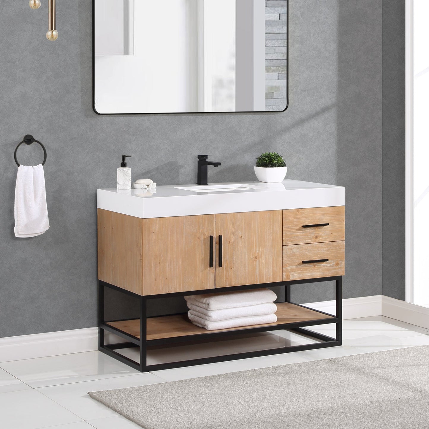 Bianco 48" Single Bathroom Vanity in Light Brown with Matte Black Support Base and White Composite Stone Countertop without Mirror