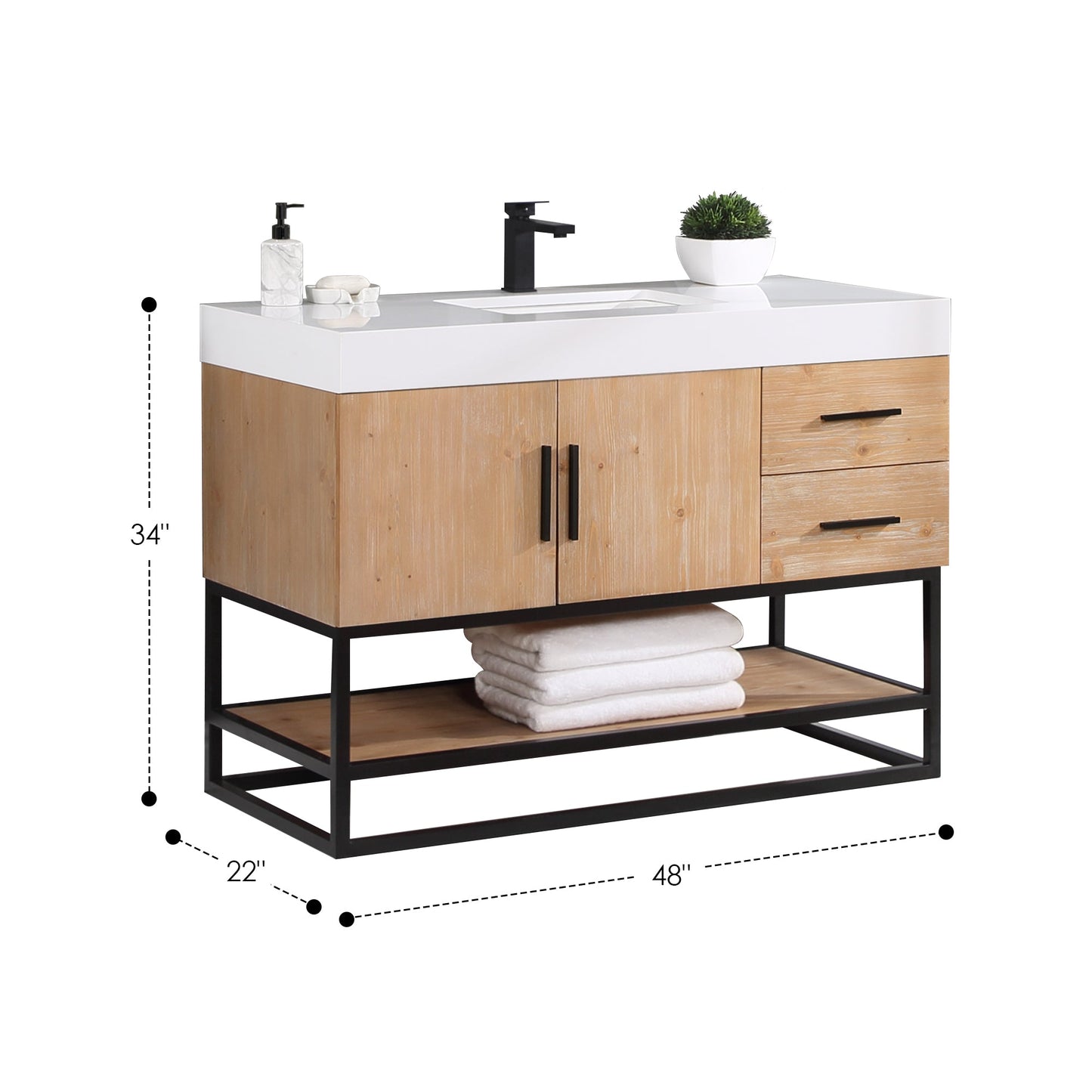 Bianco 48" Single Bathroom Vanity in Light Brown with Matte Black Support Base and White Composite Stone Countertop with Mirror