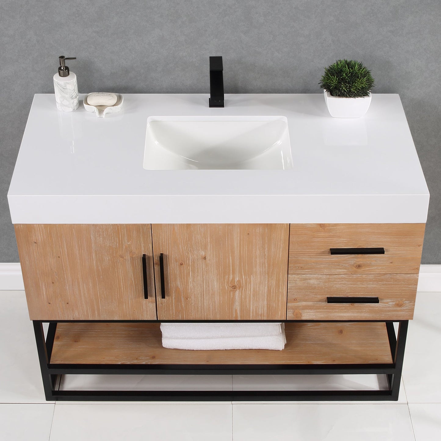 Bianco 48" Single Bathroom Vanity in Light Brown with Matte Black Support Base and White Composite Stone Countertop with Mirror