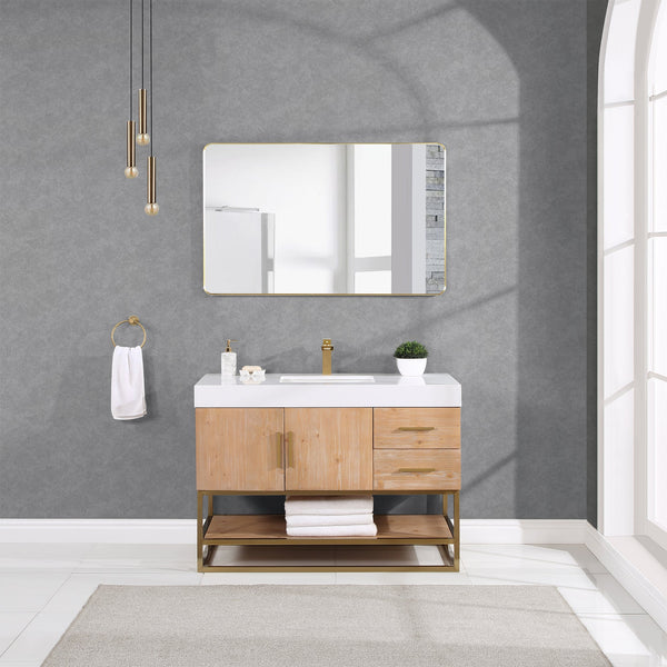 Bianco 48 Single Bathroom Vanity in Light Brown with Brushed Gold Support Base and White Composite Stone Countertop without Mirror