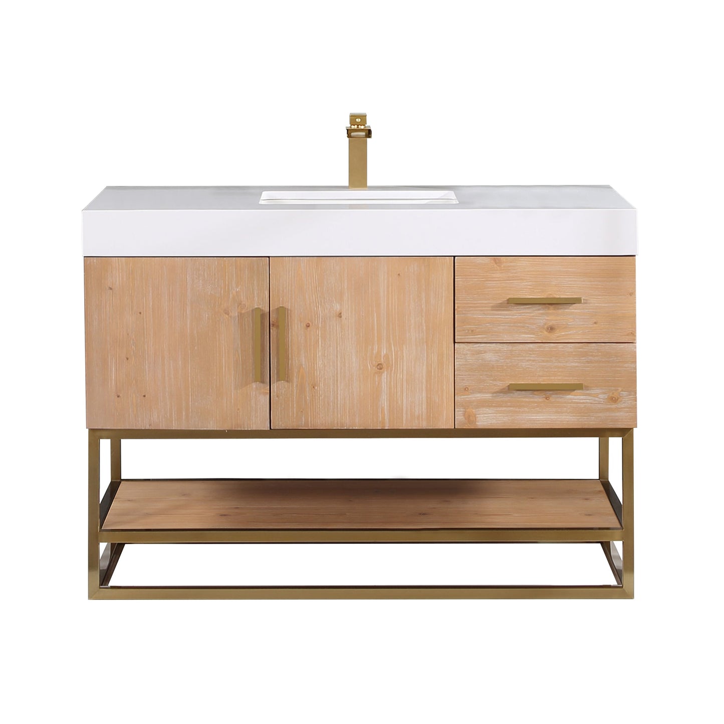 Bianco 48" Single Bathroom Vanity in Light Brown with Brushed Gold Support Base and White Composite Stone Countertop without Mirror