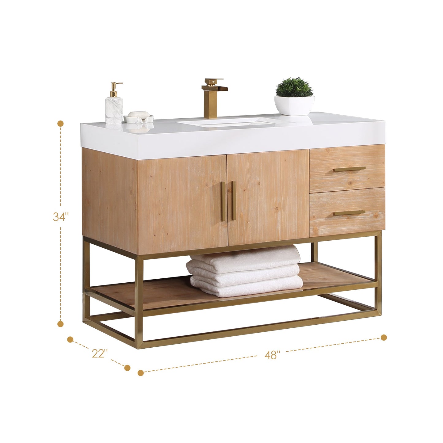 Bianco 48" Single Bathroom Vanity in Light Brown with Brushed Gold Support Base and White Composite Stone Countertop with Mirror