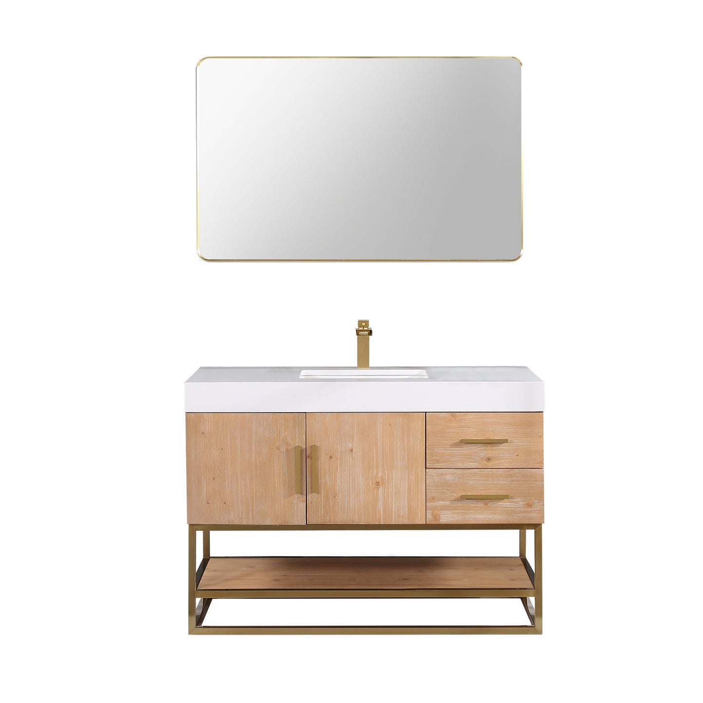 Bianco 48" Single Bathroom Vanity in Light Brown with Brushed Gold Support Base and White Composite Stone Countertop with Mirror