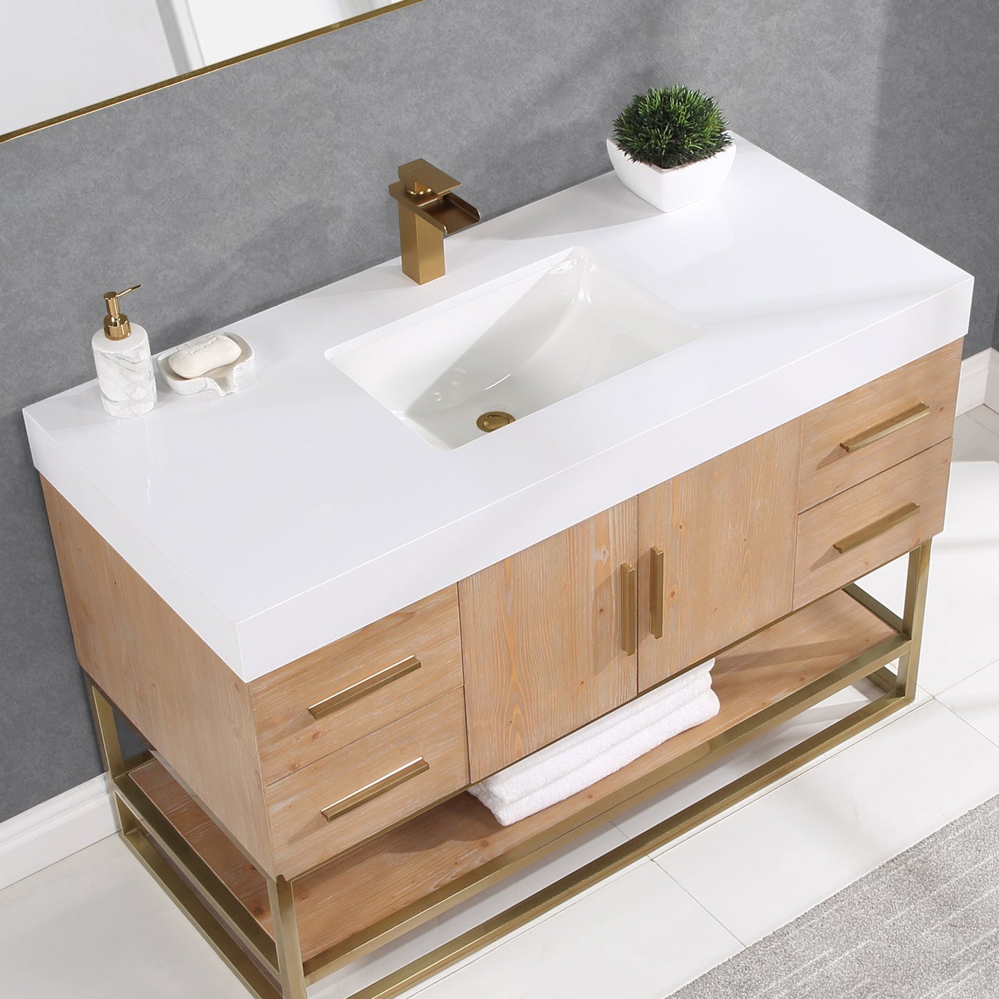 Bianco 48" Single Bathroom Vanity in Light Brown with Brushed Gold Support Base and White Composite Stone Countertop with Mirror